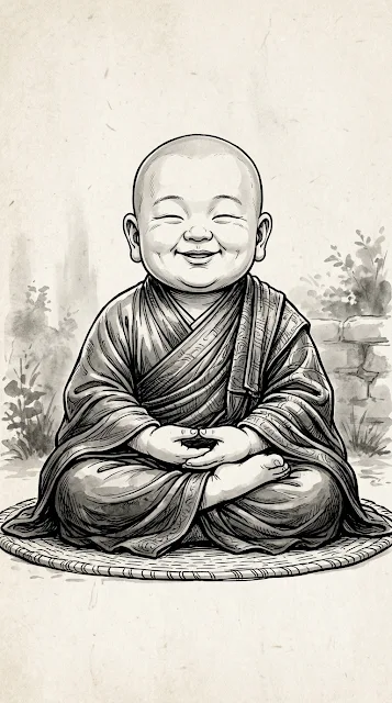 Cheerful Baby Monk Meditating in Greyscale Digital Ink Style - Free 4K & 8K mobile Wallpaper