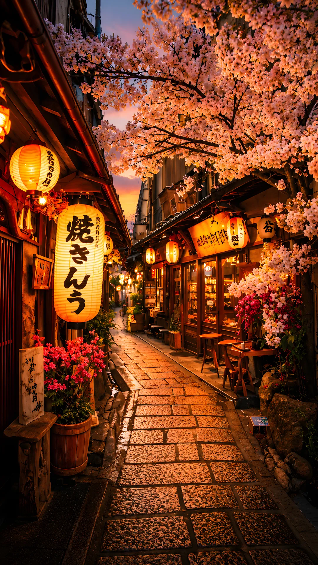 Cherry Blossom Alley Glowing at Sunset - Free 4K mobile Wallpaper