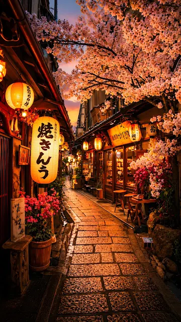 Narrow stone alley lined with glowing lanterns and dense pink cherry blossoms at sunset.