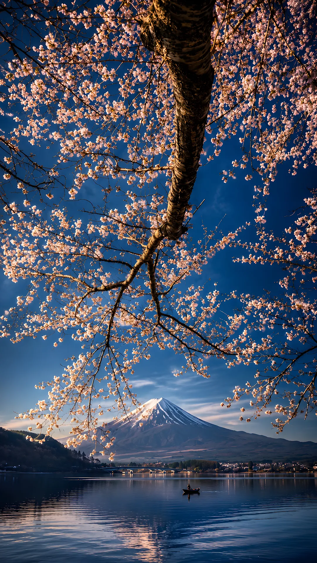 Cherry blossom tree framing Mount Fuji over quiet lake with small boat - Free 4K mobile Wallpaper