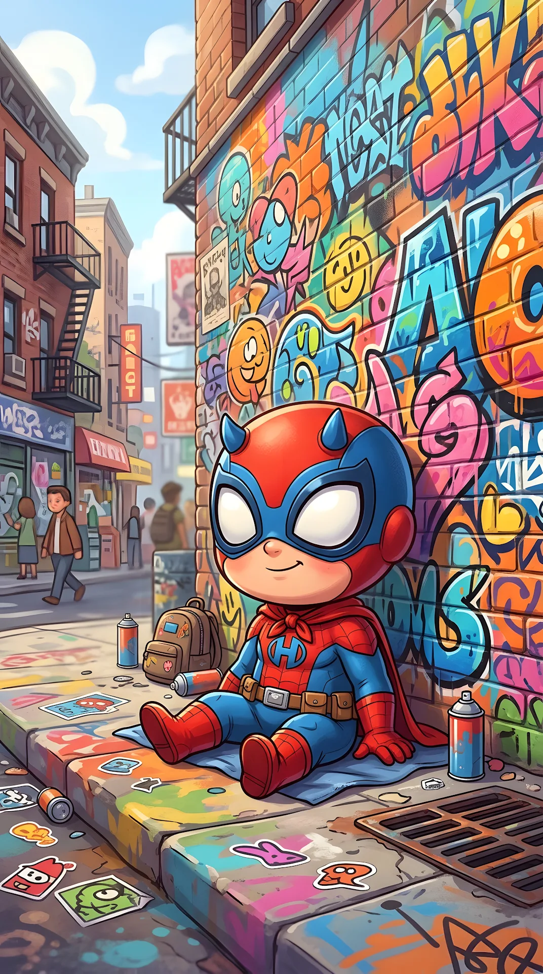Chibi Masked Hero Sitting Against Graffiti Street Wall - Free 4K mobile Wallpaper