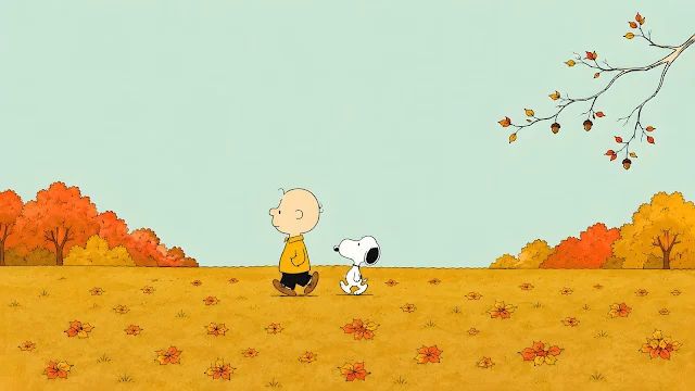 A small child and dog walk through a golden autumn field beneath a wide pastel sky.