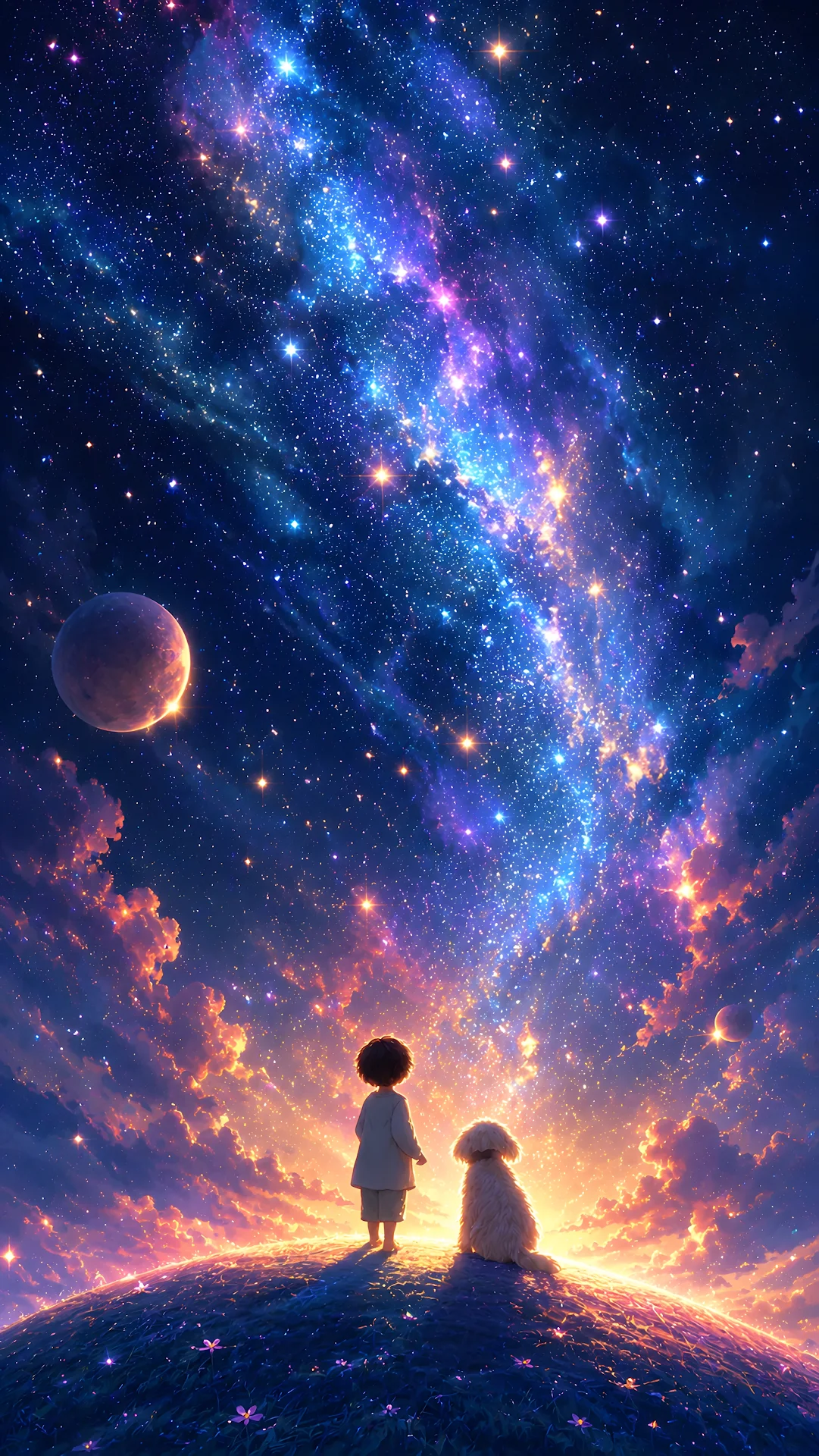 Child and fluffy dog standing on a grassy hill gazing at a starry galaxy sky - Free 4K mobile Wallpaper