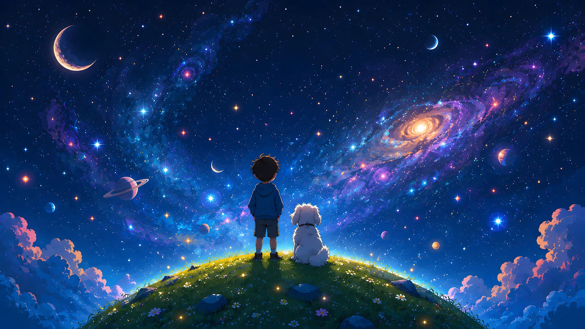 Child and fluffy dog standing on a grassy hill gazing at a starry galaxy sky - Free 4K desktop Wallpaper