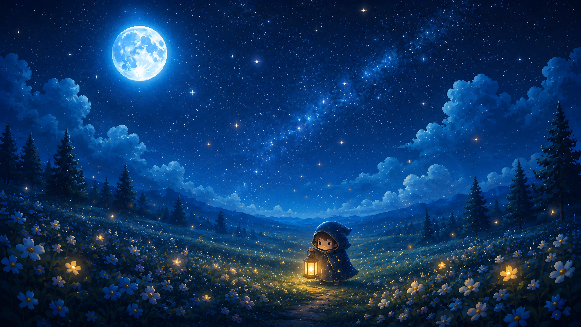 Starry Night Meadow Lantern Child 4K - Free 4K desktop Wallpaper