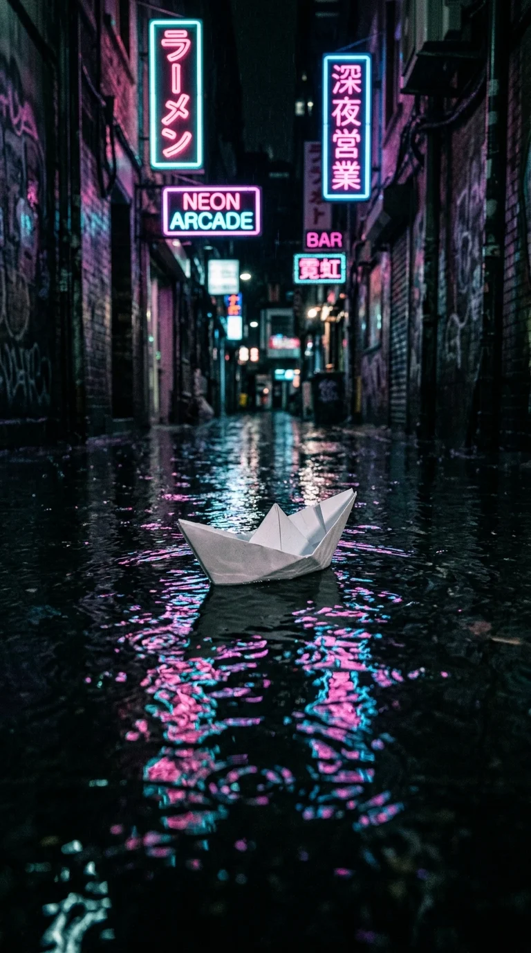 Download Child's Paper Boat in Flooded Neon Alley After Rain Wallpaper in 4K UHD Child's Paper Boat in Flooded Neon Alley After Rain - Free 8K and 4K mobile Wallpaper Background