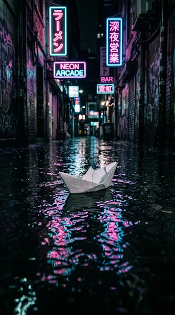 Child's Paper Boat in Flooded Neon Alley After Rain - Free 4K & 8K mobile Wallpaper