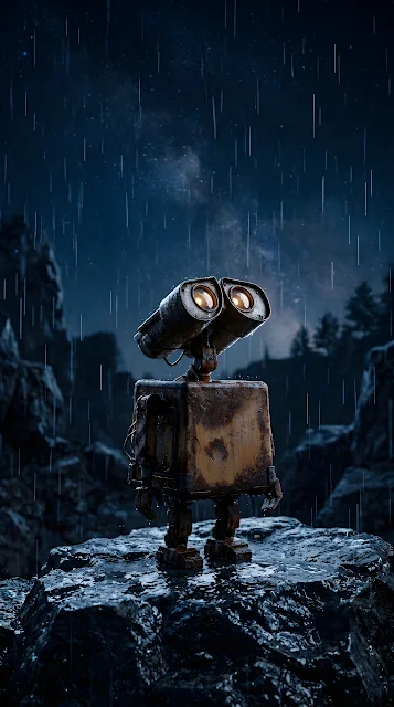 Cinematic 3D Render of a Small Rusty Robot Standing in a Rainy Night - Free mobile Wallpaper
