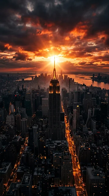 Cinematic Aerial Sunset over Empire State Building in New York City - Free 4K & 8K mobile Wallpaper