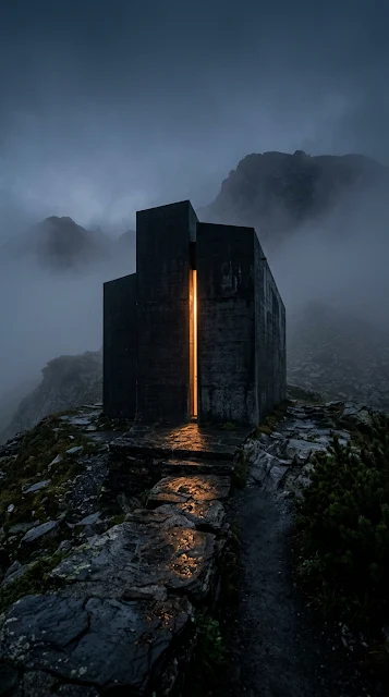 Cinematic Black Concrete Chapel in Fog Wallpaper - Free 4K & 8K mobile Wallpaper