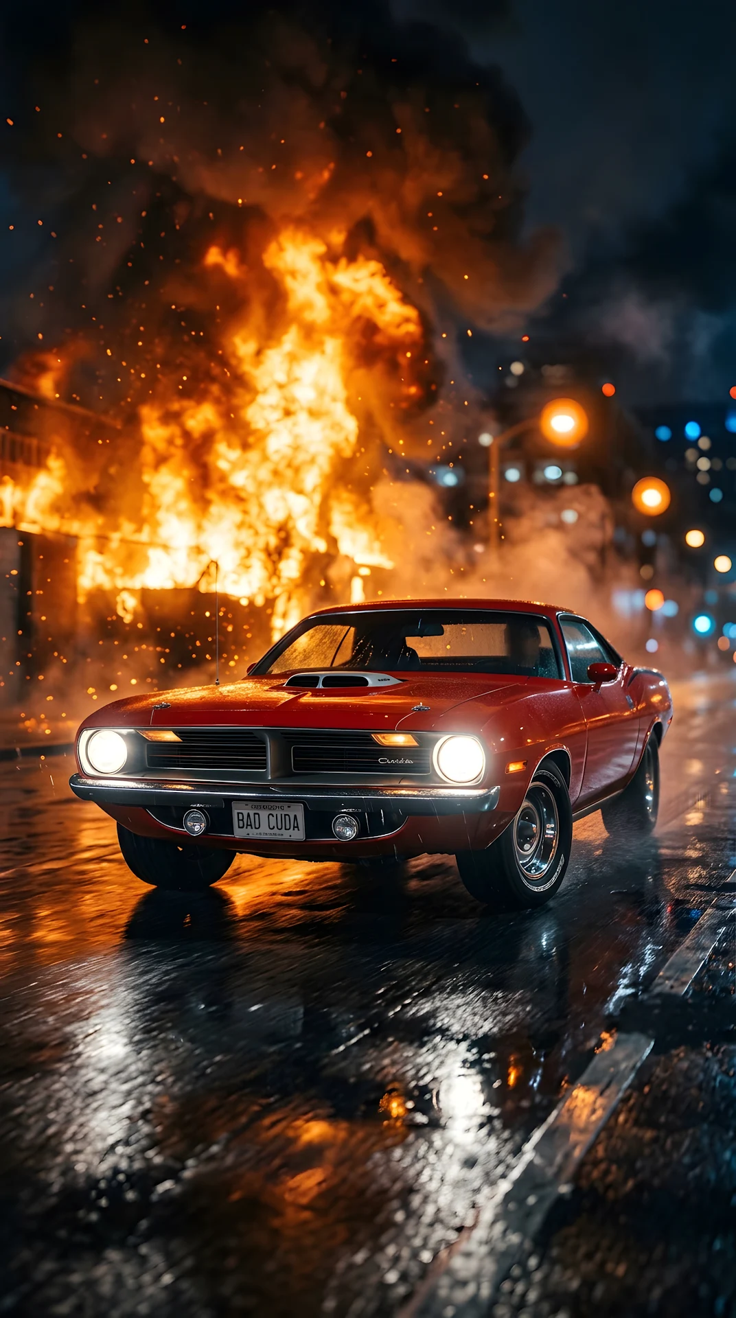Cinematic Shot of a Red Muscle Car on a Wet City Street with Flames - Free 4K mobile Wallpaper