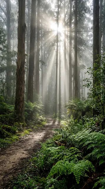 Cinematic Sun Rays Filtering Through Misty Eucalyptus Forest - Free 4K & 8K mobile Wallpaper