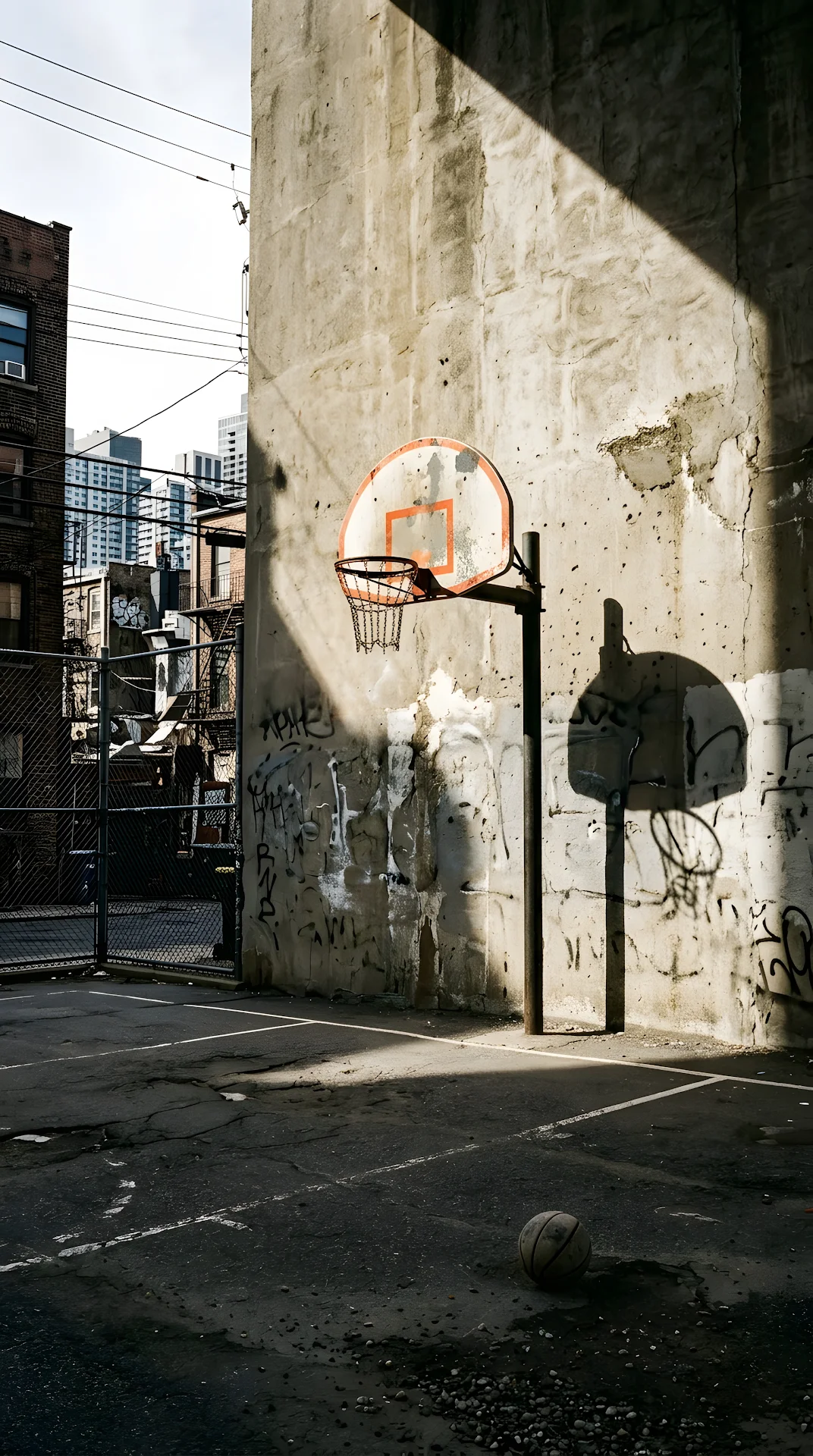 Cinematic Photo of an Urban Basketball Court with High Contrast Shadows and Light - Free 4K mobile Wallpaper