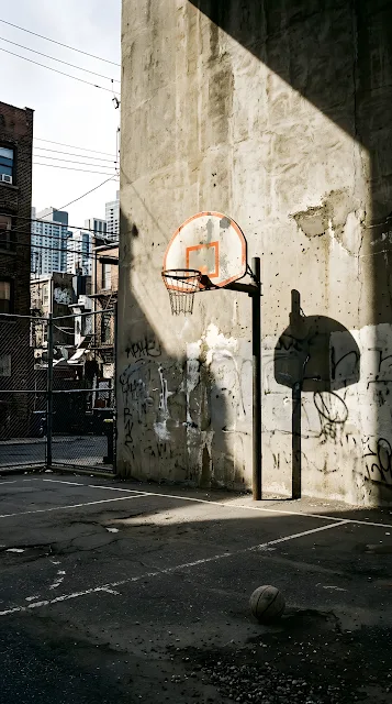 Cinematic Photo of an Urban Basketball Court with High Contrast Shadows and Light - Free mobile Wallpaper