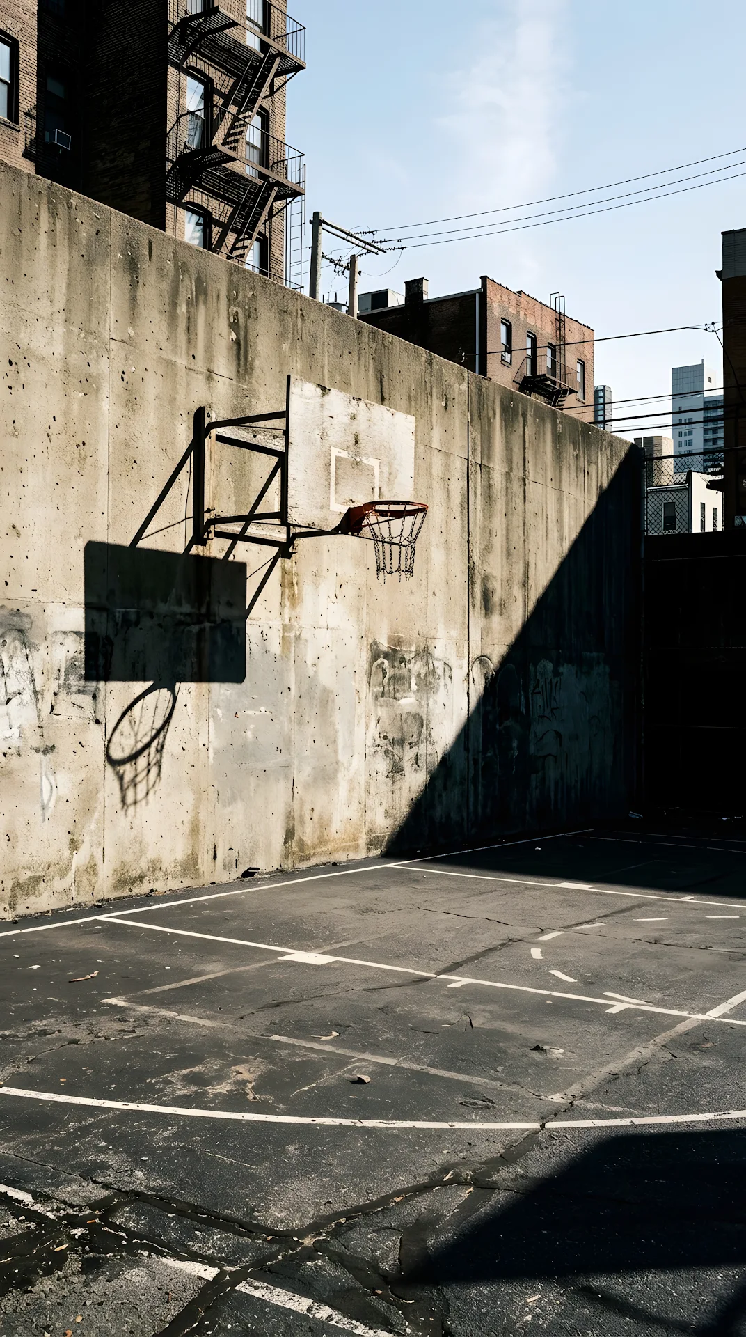 Cinematic Photo of an Urban Basketball Court with High Contrast Shadows and Light - Free 4K mobile Wallpaper