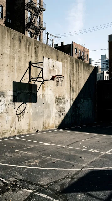 Cinematic Photo of an Urban Basketball Court with High Contrast Shadows and Light - Free mobile Wallpaper