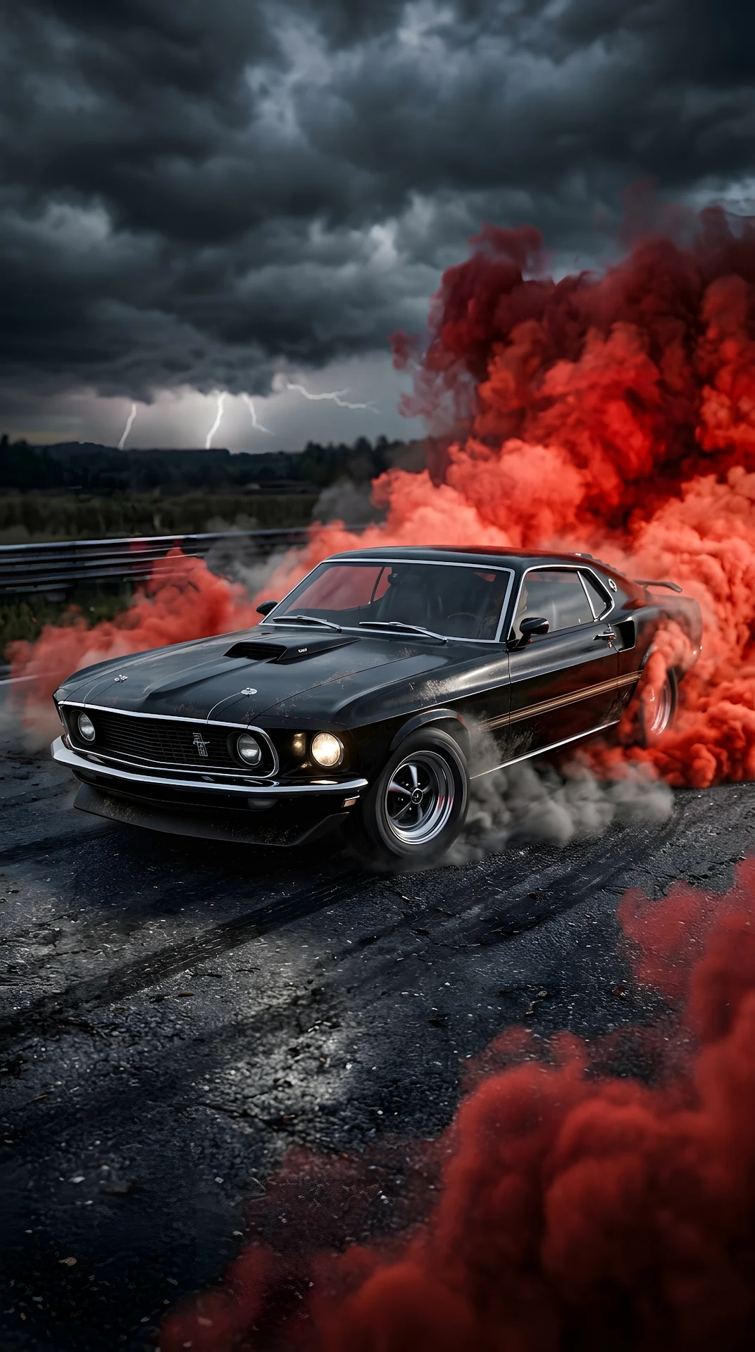 Classic Black Muscle Car in Red Smoke and Dark Storm - Free 4K mobile Wallpaper
