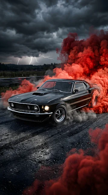 Classic Black Muscle Car in Red Smoke and Dark Storm - Free mobile Wallpaper