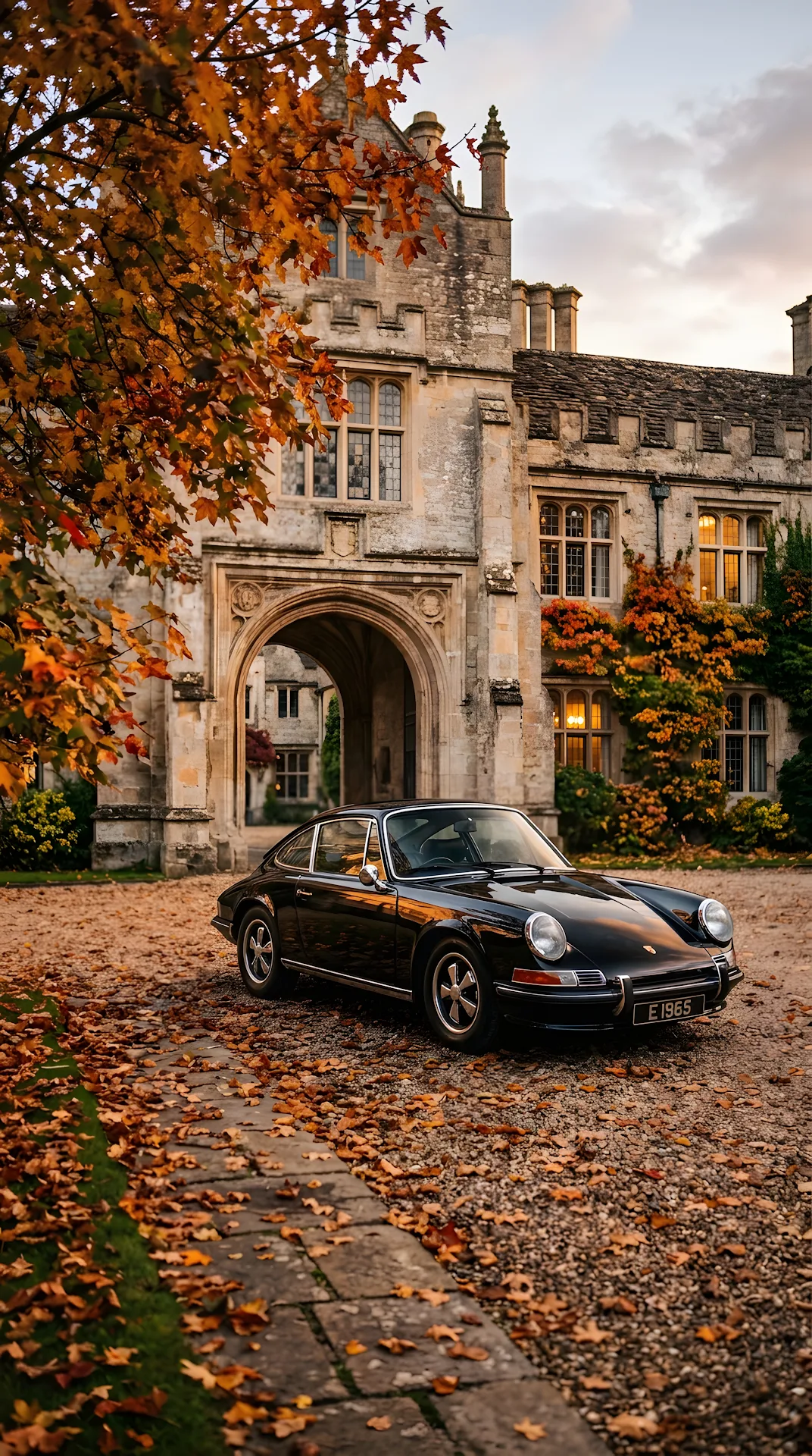Classic Black Sports Car Parked at an Old Stone European Manor - Free 4K mobile Wallpaper