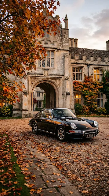 Classic Black Sports Car Parked at an Old Stone European Manor - Free mobile Wallpaper