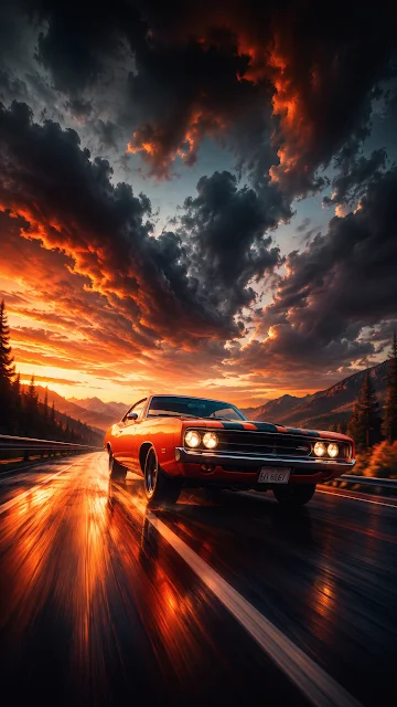 An orange vintage muscle car driving down an open mountain highway during a dramatic fiery sunset with motion blur on the road.