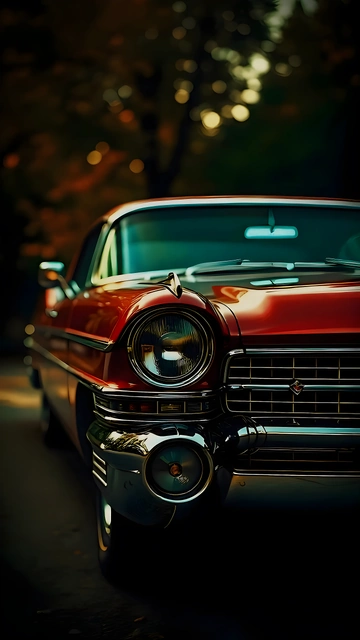 Close-up of the front chrome headlight and bumper of a red classic vintage automobile with background bokeh.