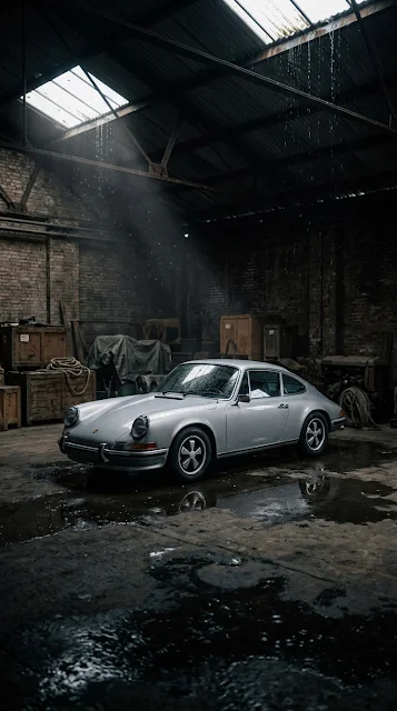 Classic Silver Porsche in Dim Rain Warehouse Wallpaper - Free 4K & 8K mobile Wallpaper
