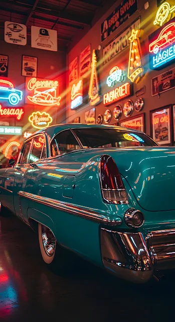Classic Vintage European Sedan in a Nostalgic Neon Garage - Free mobile Wallpaper