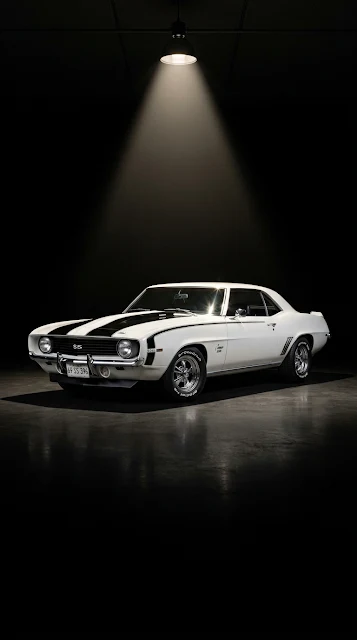 Classic White Chevy Camaro Spotlight AMOLED Mobile Wallpaper - Free 4K & 8K mobile Wallpaper