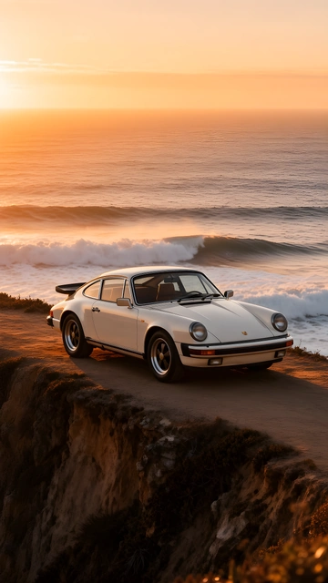 White vintage Porsche 911 coupe parked on a dirt cliff overlooking ocean waves at sunset.