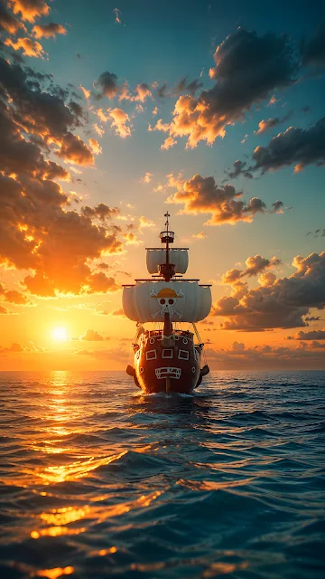 A wooden tall ship with white sails bearing a skull symbol sails on calm sea water facing a bright golden sunset.