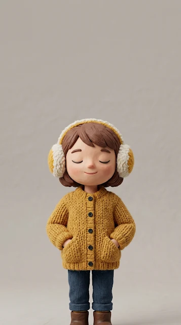 Claymation Girl in Yellow Jacket with Fluffy Earmuffs Wallpaper - Free 4K & 8K mobile Wallpaper