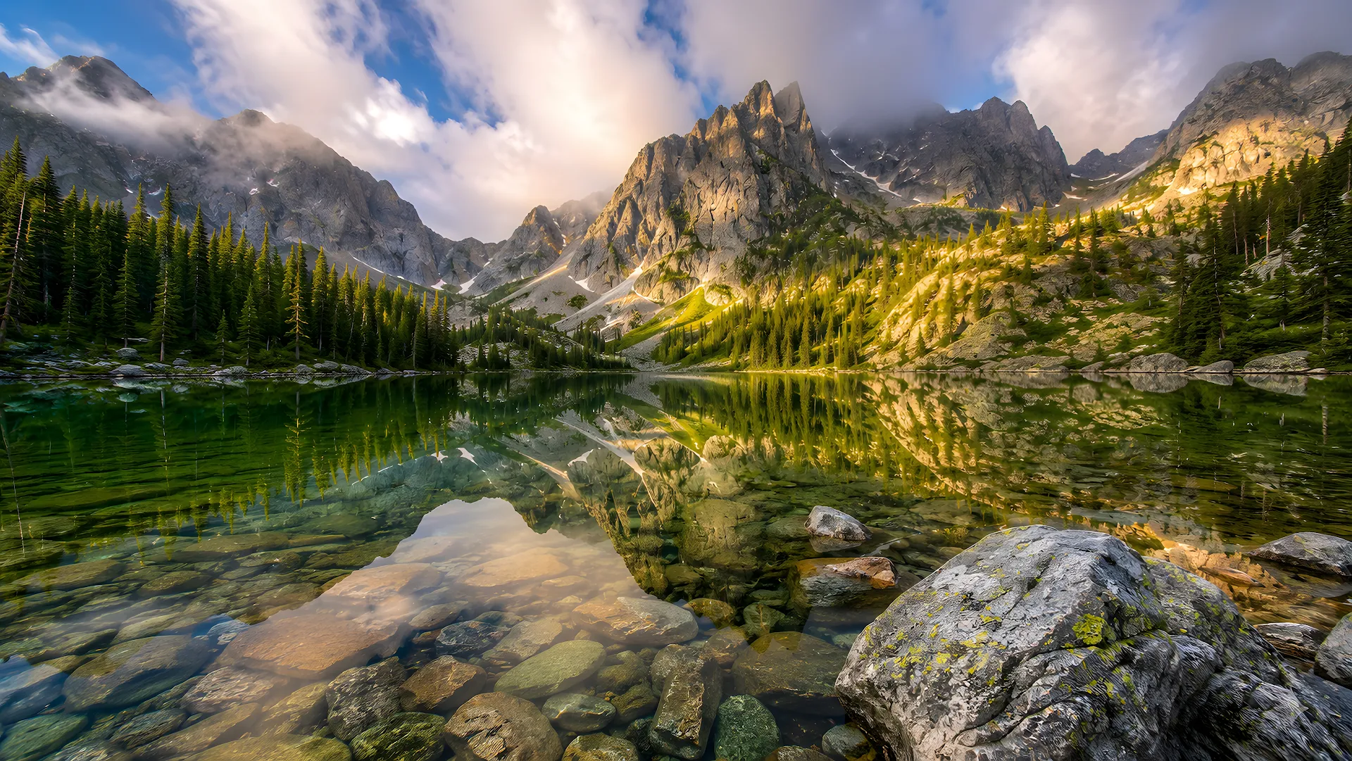 Clear mountain lake reflecting sharp rocky peaks and trees - Free 4K desktop Wallpaper