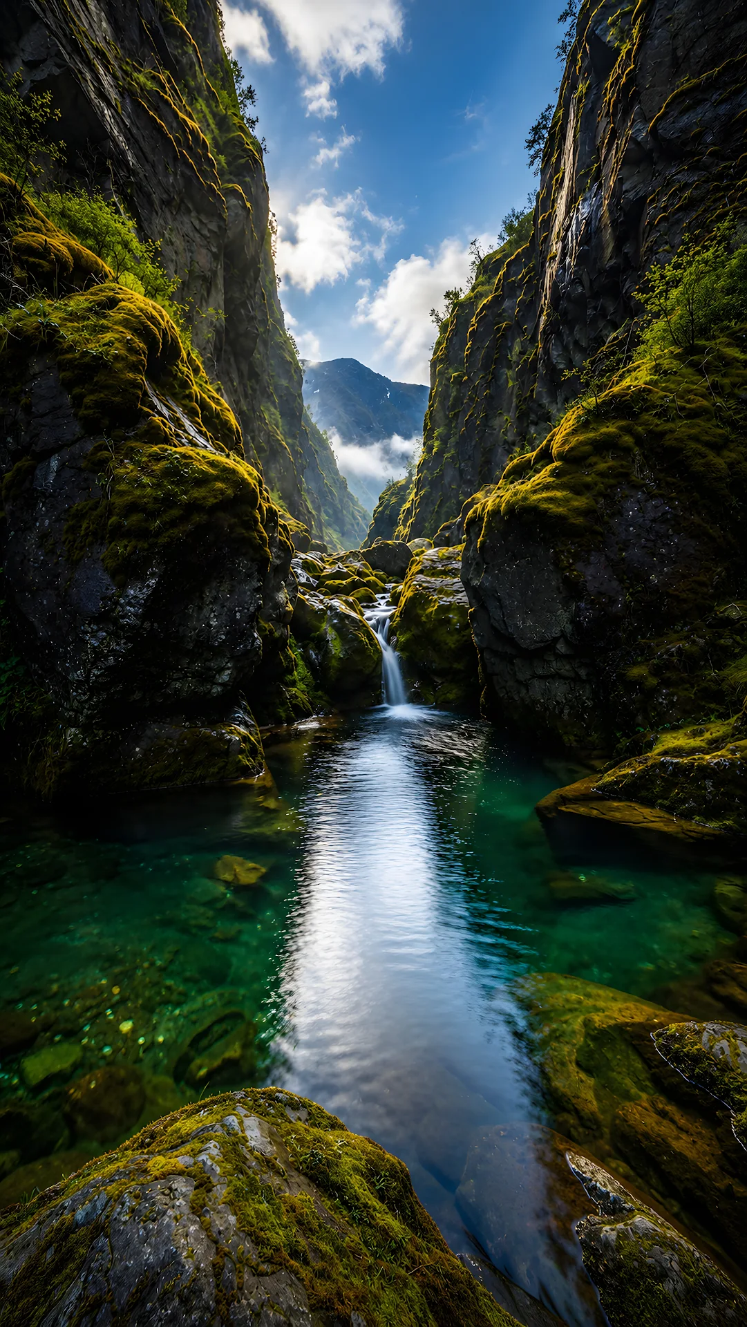 Clear waterfall flowing into emerald pool within mossy canyon - Free 4K mobile Wallpaper