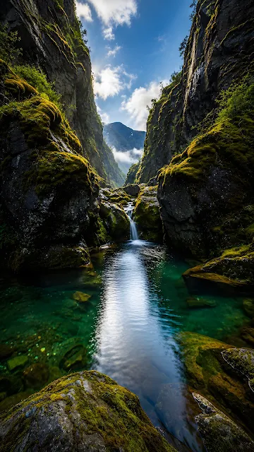 Narrow rocky canyon lined with green moss surrounding a cascading waterfall emptying into a crystal clear emerald pool.