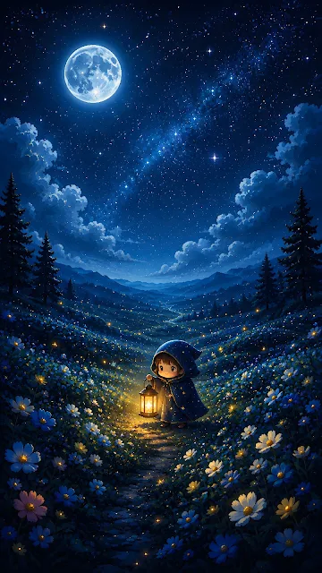 Small hooded character walking with a warm lantern along a path through glowing blue flowers under a starry full moon sky.
