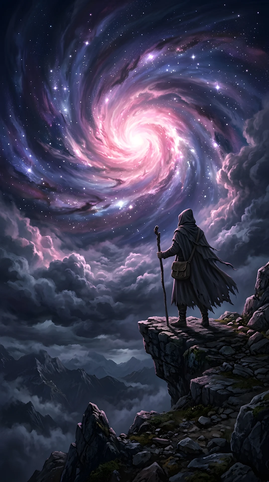 Cloaked Traveler Gazing at a Swirling Celestial Nebula Maelstrom - Free 4K mobile Wallpaper