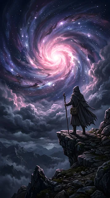 Cloaked Traveler Gazing at a Swirling Celestial Nebula Maelstrom - Free mobile Wallpaper