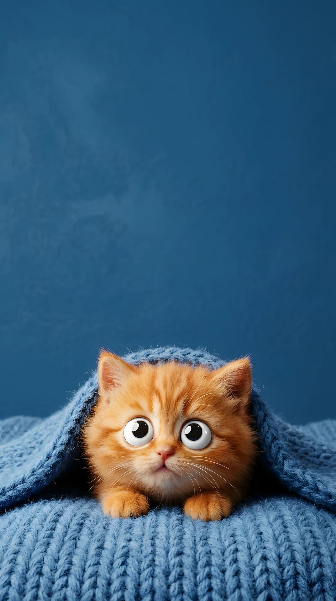 Close-up 3D Render of a Fluffy Orange Cat Peeking Under a Blue Blanket - Free 4K mobile Wallpaper
