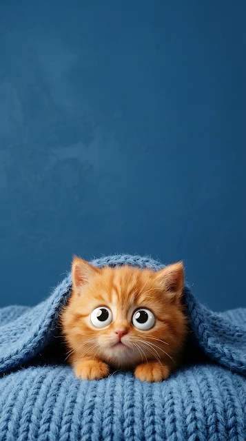 Close-up 3D Render of a Fluffy Orange Cat Peeking Under a Blue Blanket - Free mobile Wallpaper
