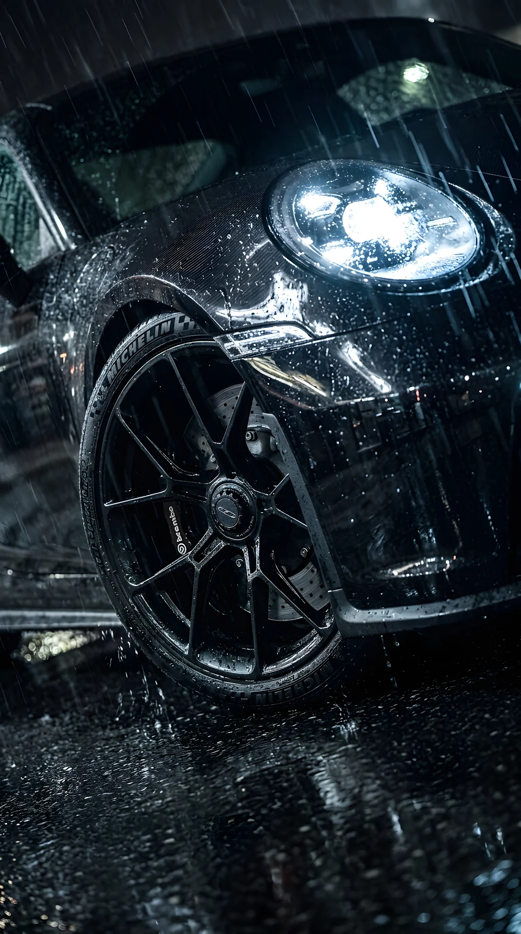 Close-up of a Black BMW Car parked in Heavy Rain - Free 4K mobile Wallpaper