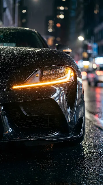 Close-Up of Black Porsche Headlight Covered in Raindrops at Night - Free mobile Wallpaper