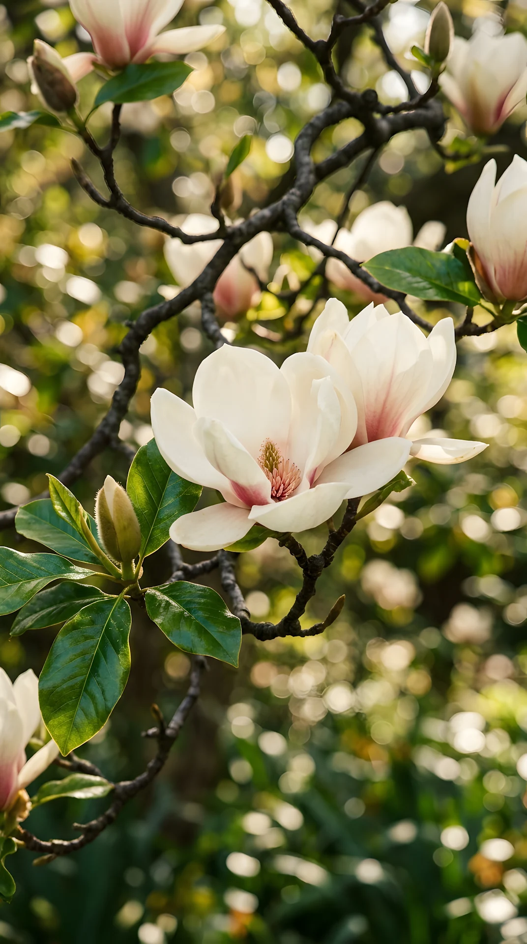 Close-up of Creamy Magnolia Blossoms on Tree Branch - Free 4K mobile Wallpaper