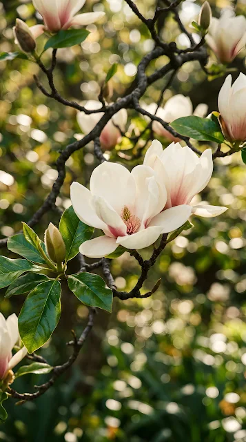 Close-up of Creamy Magnolia Blossoms on Tree Branch - Free mobile Wallpaper