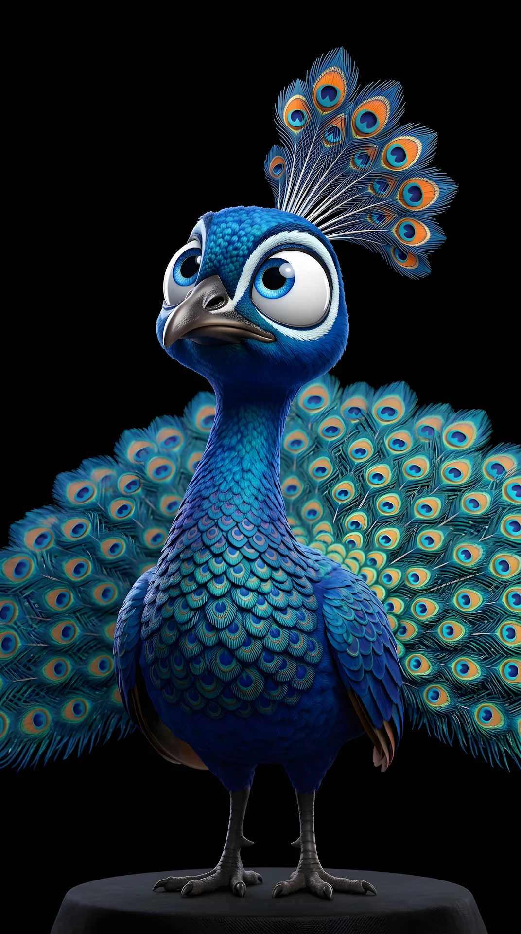 Close-Up of a Cute Stylized Peacock with Large Expressive Blue Eyes - Free 4K mobile Wallpaper