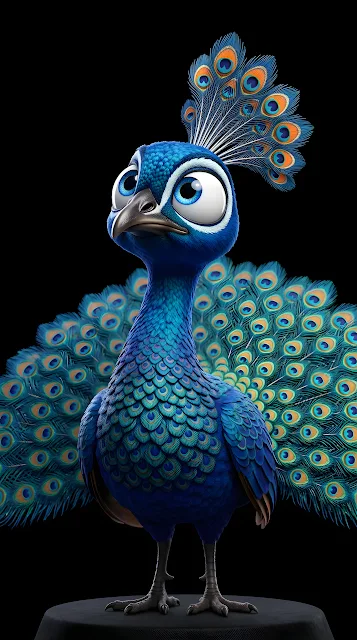 Close-Up of a Cute Stylized Peacock with Large Expressive Blue Eyes - Free mobile Wallpaper