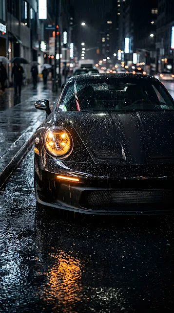 Close-up Front View of a Black Luxury Car in Rain - Free mobile Wallpaper
