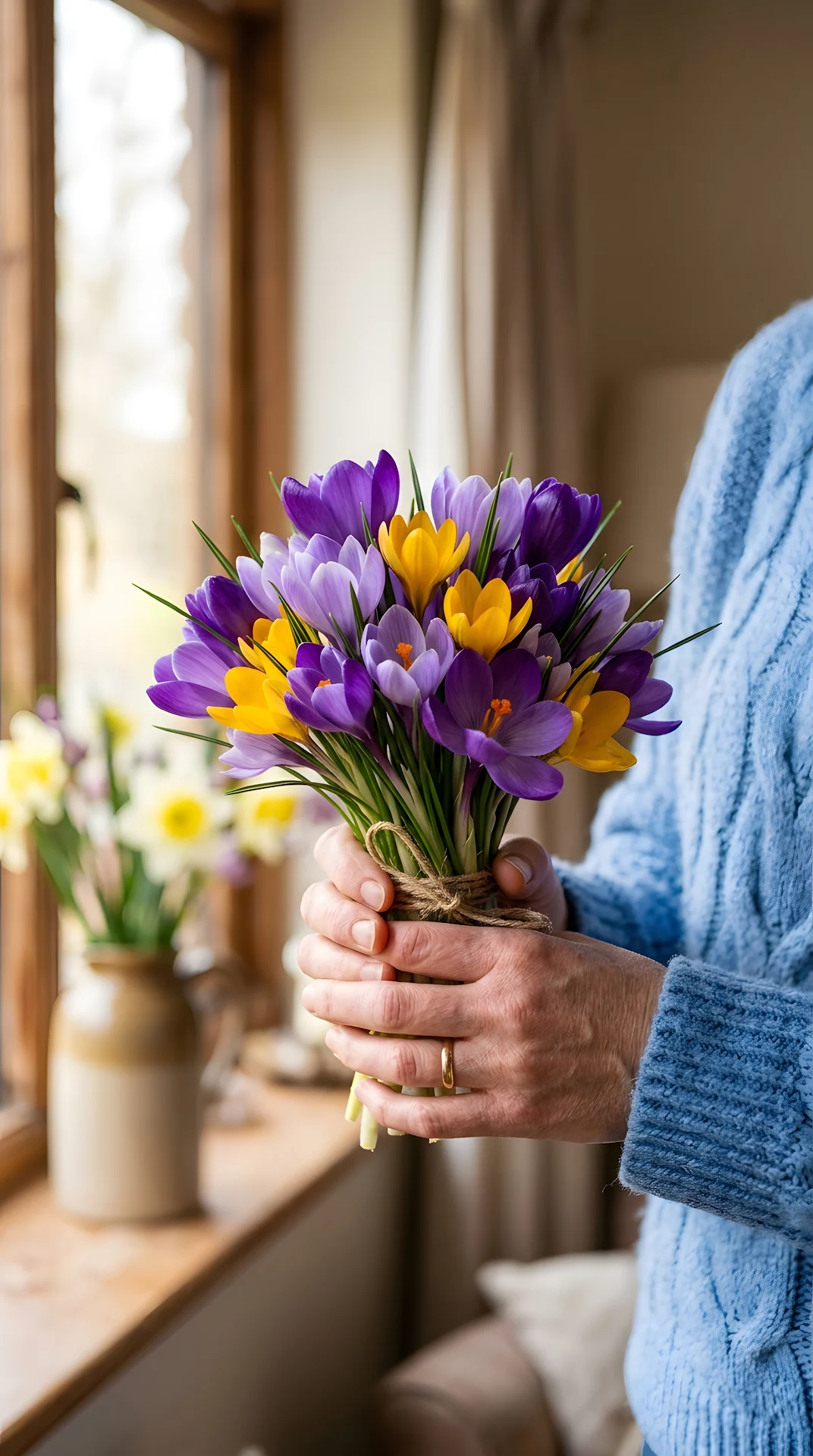 Close-up of Hands Holding a Bouquet of Purple and Yellow Crocus Flowers - Free 4K mobile Wallpaper