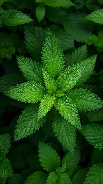 Overhead macro photograph of vibrant green starburst-shaped leaves with sharp serrated edges and a deep green background.