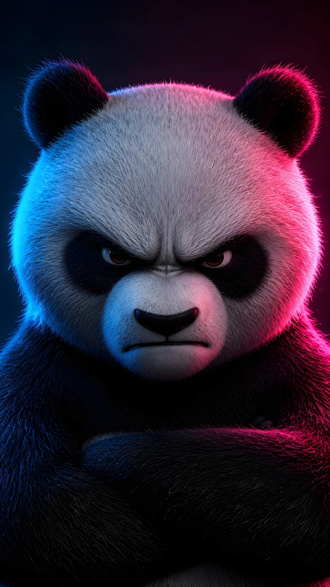 Close-up portrait of an angry panda under dual neon lighting - Free 4K mobile Wallpaper